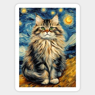 Adorable Siberian Cat Breed Painting in a Van Gogh Starry Night Art Style Sticker